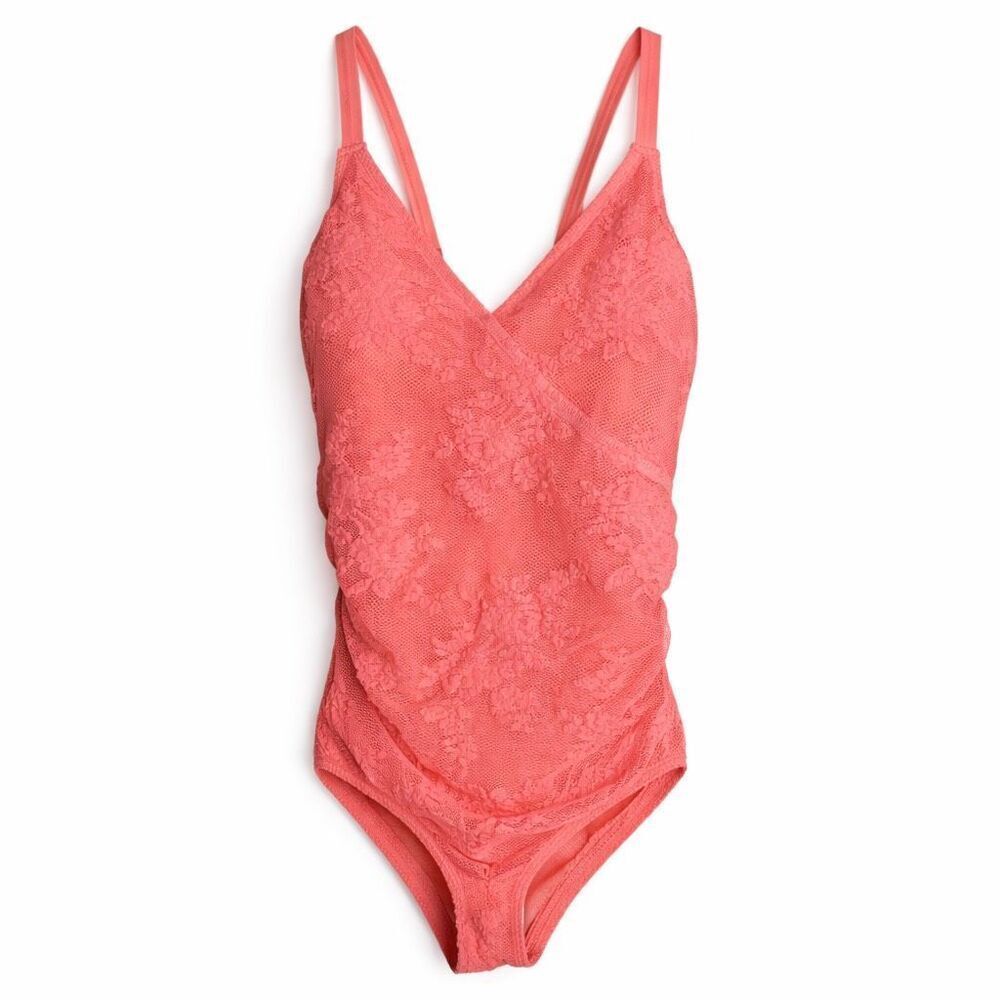 Torrid One Piece Swimsuit 3X Coral Pink Lace Wrap Front Tummy Control